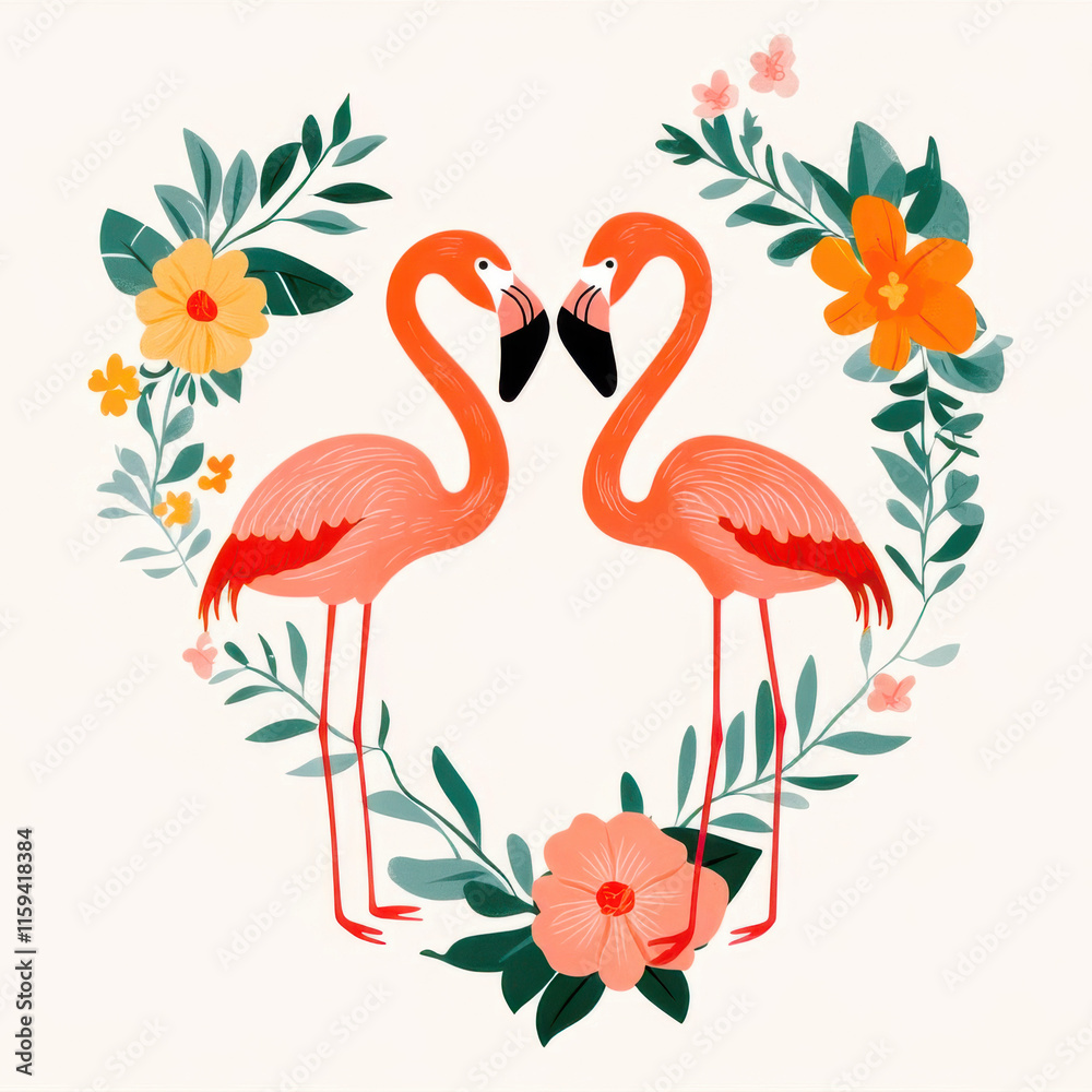 Obraz premium Flamingo in love in Valentine concept. Flamingos entwined in a heart-shaped floral wreath, soft pastel colors, flat design illustration