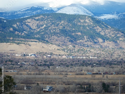 Winter Chautauqua park and Flagstaff mountain in the distance, Boulder, Colorado photo