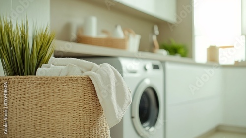 Modern minimalist utility room with clean, efficient design. Featuring neutral tones and sleek storage