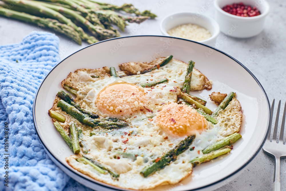 Fried eggs with asparagus and grated cheese. Breakfast concept. Fried eggs with asparagus and grated cheese. Breakfast concept.