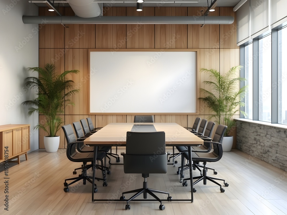 Fototapeta premium Modern Conference Room Interior with Wooden Details and Natural Lighting