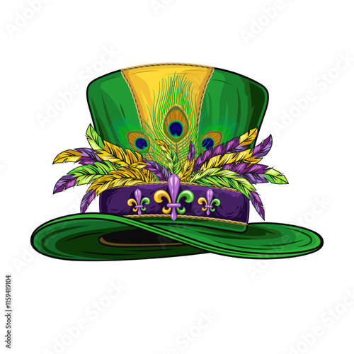 Mardi Gras tall top hat with belt, band with fleur de lis pins, bunch of colorful feathers. Festival masquerade accessories. Vintage style.