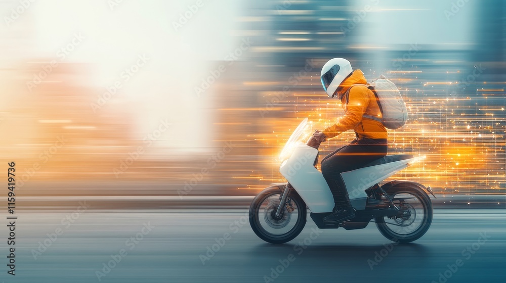 Fototapeta premium Dynamic Delivery Rider in Motion on a Motorcycle, Capturing Urban Energy with Speed and Innovation in a Blurred City Background, Showcasing Fast Transport and Modern Lifestyle