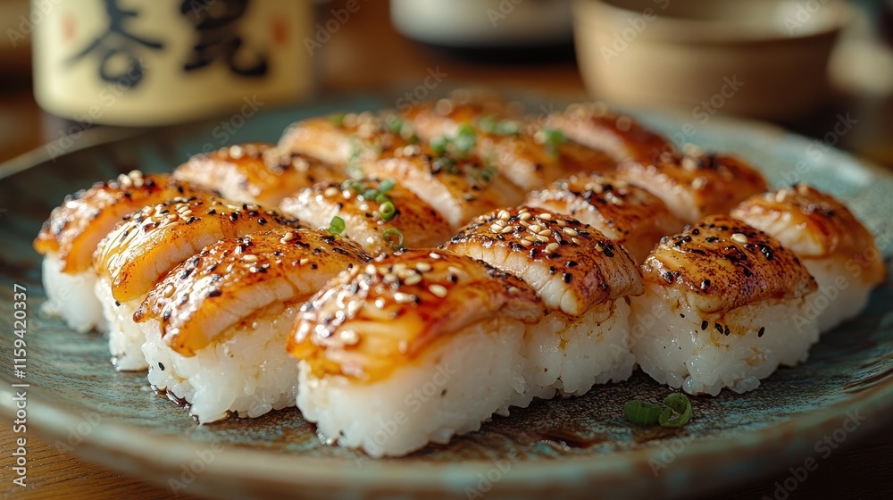 Sushi Platter with Unagi Nigiri and Artistic Backdrop Sushi Platter with Unagi Nigiri and Artistic Backdrop