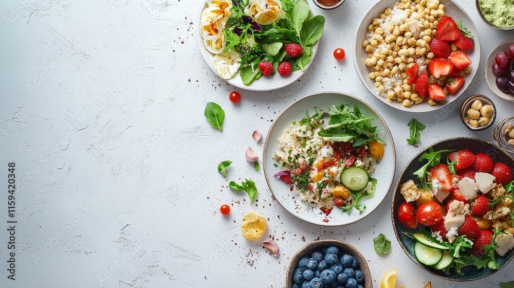 Fresh Salad Bowls with Colorful Ingredients Modern Kitchen Food Photography Bright Atmosphere Top-Down View Healthy Eating Concept Fresh Salad Bowls with Colorful Ingredients Modern Kitchen Food Photography Bright Atmosphere Top-Down View Healthy Eating Concept