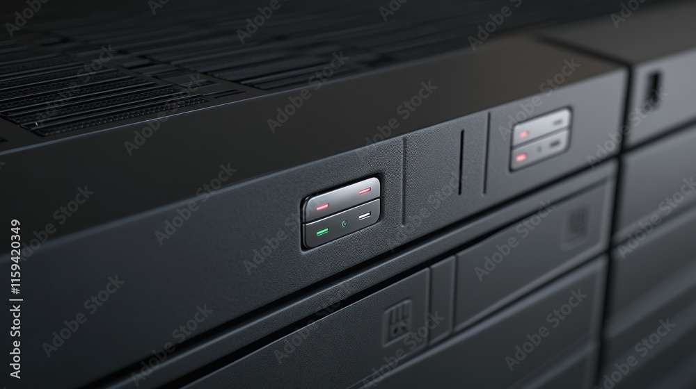 Close-up of a sleek, black server rack with subtle LED indicators, showcasing advanced technology and data center infrastructure. Close-up of a sleek, black server rack with subtle LED indicators, showcasing advanced technology and data center infrastructure.