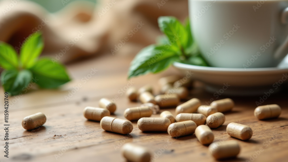 Magnesium capsules on wooden surface with coffee cup and herbs. Magnesium capsules on wooden surface with coffee cup and herbs.