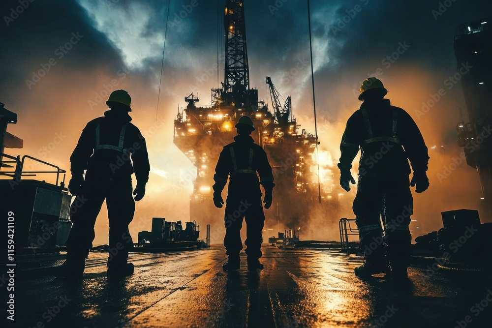 Fototapeta premium Offshore workers diligently performing tasks on an oil rig.