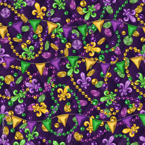 Seamless Mardi Gras pattern with strings of beads, coins, garland with triangular pennants, trinket, Fleur de Lis sign. Randomly scattered objects. Festive holiday design. Vintage style