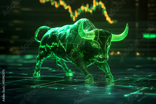 Futuristic glowing green bull symbolizing bullish stock market trends, growth, and financial success with dynamic charts in the background in a tech-inspired design
