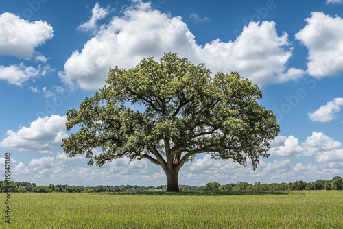 A large tree stands alone in a huge field with a clear blue sky above it.  photo