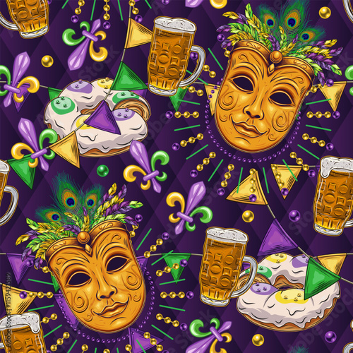Carnival Mardi Gras themed pattern with festive food, beer, king cake, golden venetian golden face mask with feathers, scattered trinket, pennant garland. Detailed illustration in vintage style.