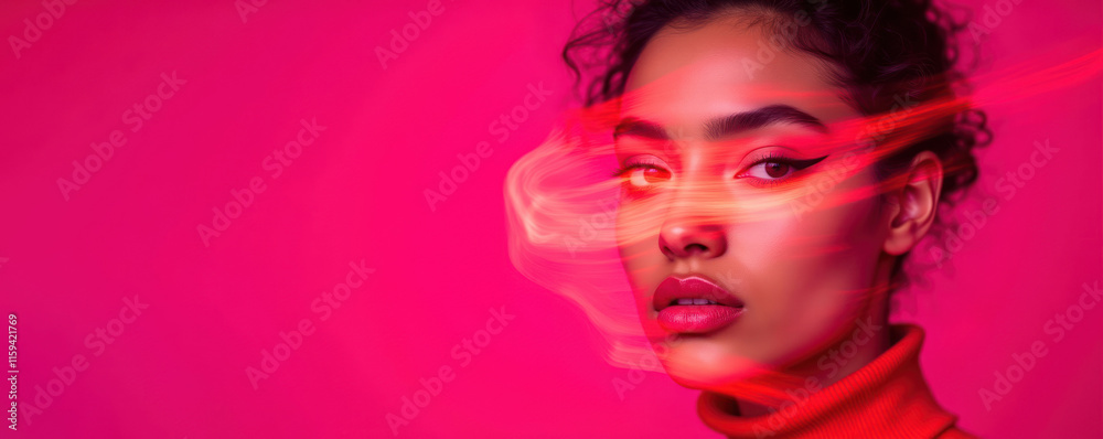 Artistic portrait of a young woman with bold makeup against a vibrant pink background Artistic portrait of a young woman with bold makeup against a vibrant pink background