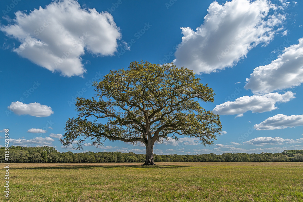 A large tree stands alone in a huge field with a clear blue sky above it. A large tree stands alone in a huge field with a clear blue sky above it.