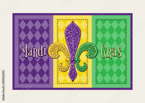 Rectangular Mardi Gras banner, flag with Fleur de Lis symbol, beads, harlequin ornament. Traditional holiday colors. Vintage style
