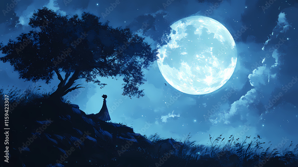 Naklejka premium Anime wallpaper for pc featuring a character in a moonlit background. Moonlit. Illustration