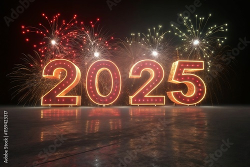 Celebrate 2025 red fireworks with happy new year template banner with modern 3d text effect