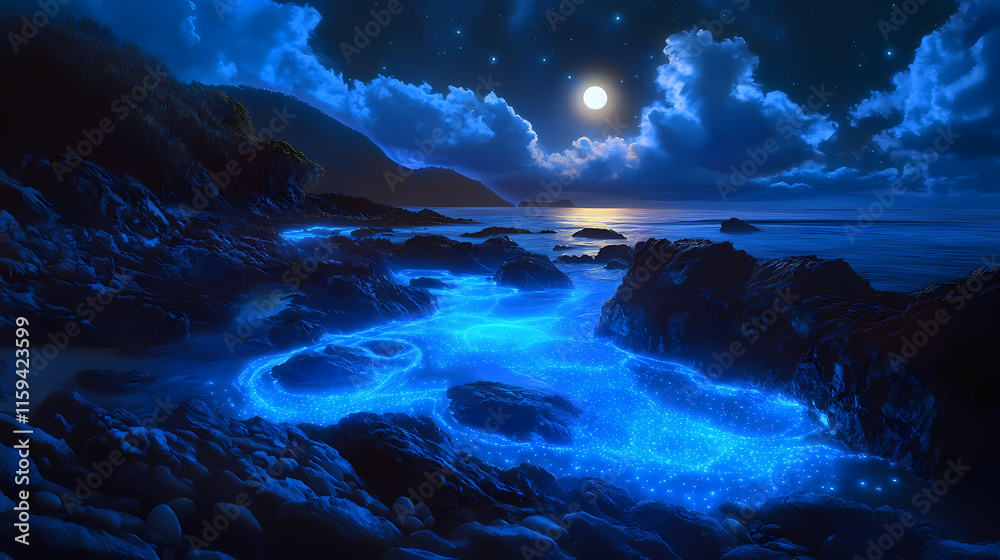 Fototapeta premium Bioluminescent dinoflagellates creating a stunning light show in a moonlit coastal tide pool. Moonlit. Illustration