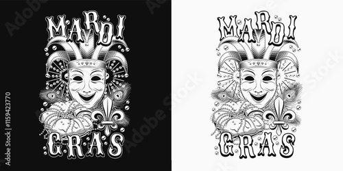 Emblem with theatrical comedy face mask in jester harlequin hat., traditional festival Mardi Gras food king cake, text. Peacock feathers, bead behind. Black an white T shirt graphics