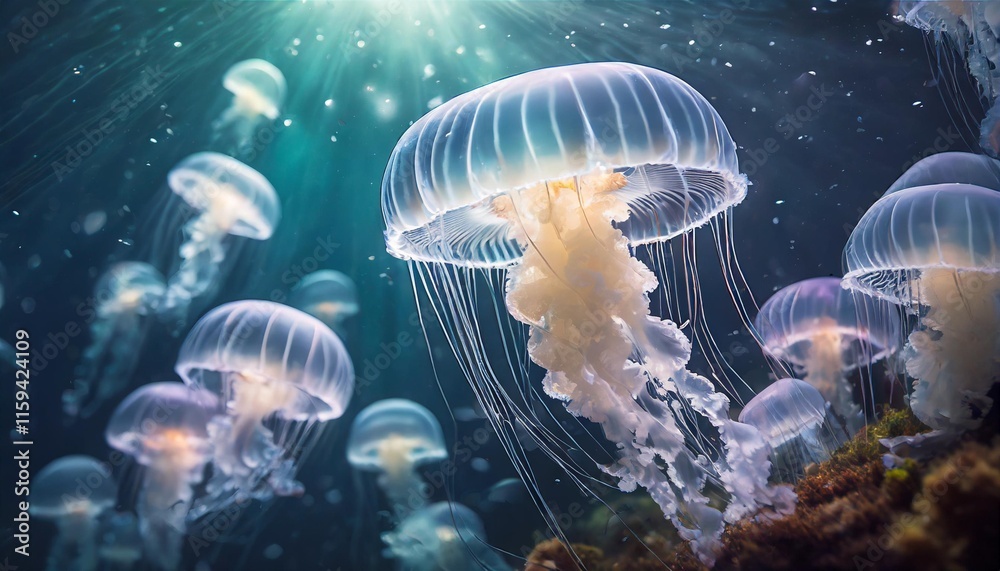 Luminous Jellyfish Gliding Gracefully in the Depths of a Mysterious Ocean Luminous Jellyfish Gliding Gracefully in the Depths of a Mysterious Ocean