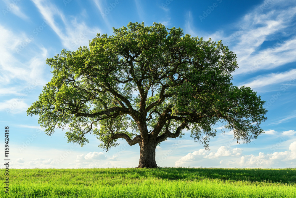 A large tree stands alone in a huge field with a clear blue sky above it. 