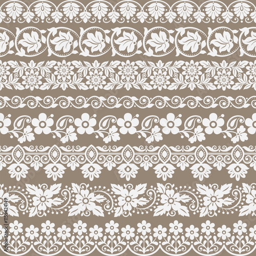 Set of floral design elements. Seamless patterns, seamless borders Design for background, carpet, wallpaper, clothing, wrapping, Batik, fabric, illustration embroidery.
