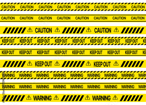 Set of seamless yellow and black warning tapes with text do not cross, warning, caution. Isolated on white background. Design elements for reconstruction, vector illustration. PNG transparent