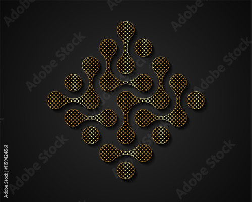 Technology connection logo design, fluid transition sign, integration abstract symbol. Vector circles point movement, in gold color isolated on black background