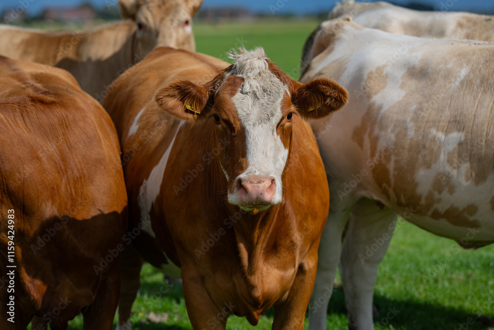 Cow at meadow. Cattle in green field. Cow in grassy pasture. Brown Cow close up portrait in the countryside. Cows graze on summer meadow. Moo, milk concept. Cows in a pasture. Cows face closeup. Cow at meadow. Cattle in green field. Cow in grassy pasture. Brown Cow close up portrait in the countryside. Cows graze on summer meadow. Moo, milk concept. Cows in a pasture. Cows face closeup.