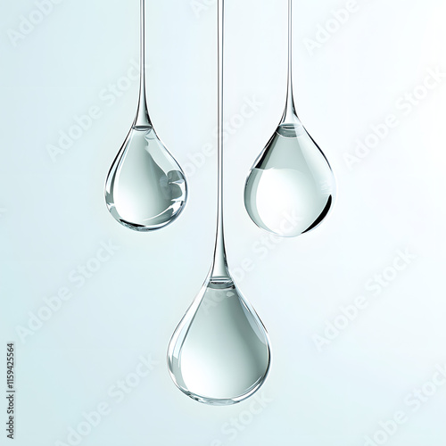 Crystal-clear water droplets suspended mid-air on a light background, symbolizing purity, minimalism, elegance, and the serene beauty of nature in a modern aesthetic photo