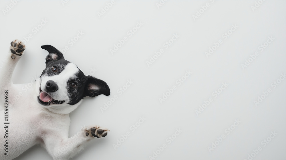 Fototapeta premium Dog lying on back, happy with all four legs raised on white background.