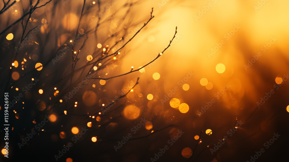 Abstract golden bokeh lights with delicate tree branches at sunset in a tranquil natural setting Abstract golden bokeh lights with delicate tree branches at sunset in a tranquil natural setting