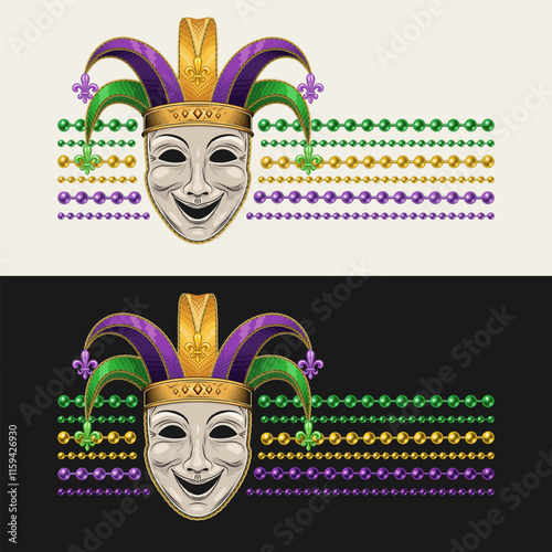 Horizontal striped Mardi Gras label with theatrical comedy face mask in jester harlequin hat, fleur de lis symbol, strings of beads. For prints, clothing, t shirt design. Vintage style