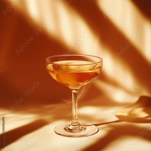 Elegant champagne glass with drink on warm golden background