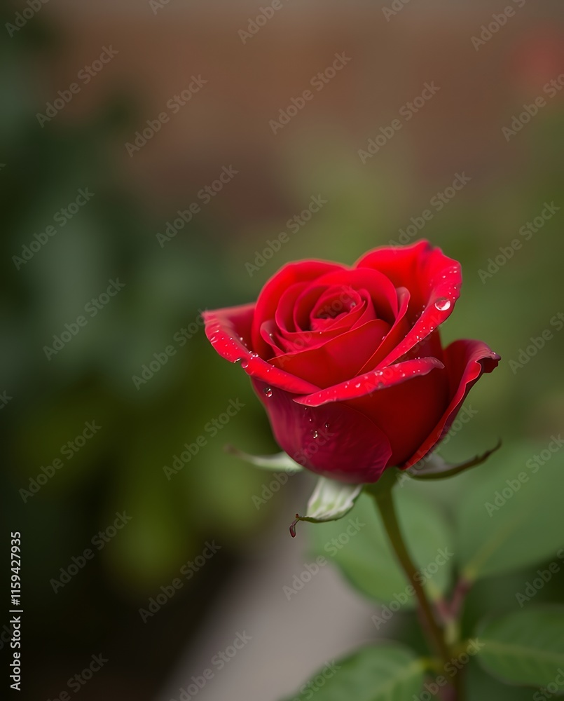 Single Red Rose: Dew-Kissed Petals, Romantic Bloom Single Red Rose: Dew-Kissed Petals, Romantic Bloom