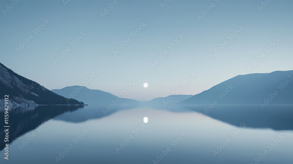 A serene moonlit night reflecting on the calm surface of a lake, hyperrealistic photo. Moonlit. Illustration A serene moonlit night reflecting on the calm surface of a lake, hyperrealistic photo. Moonlit. Illustration