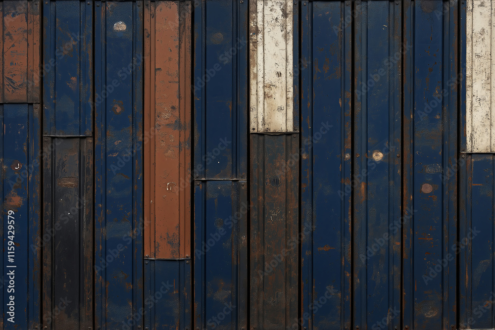 Fototapeta premium Layers of peeling paint in grungy shades of blue, rust, and white.