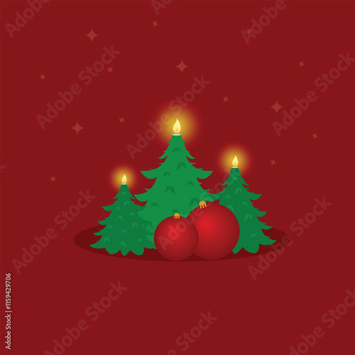 Candle for a card in the shape of a Christmas tree on a red background․Vector illustration.