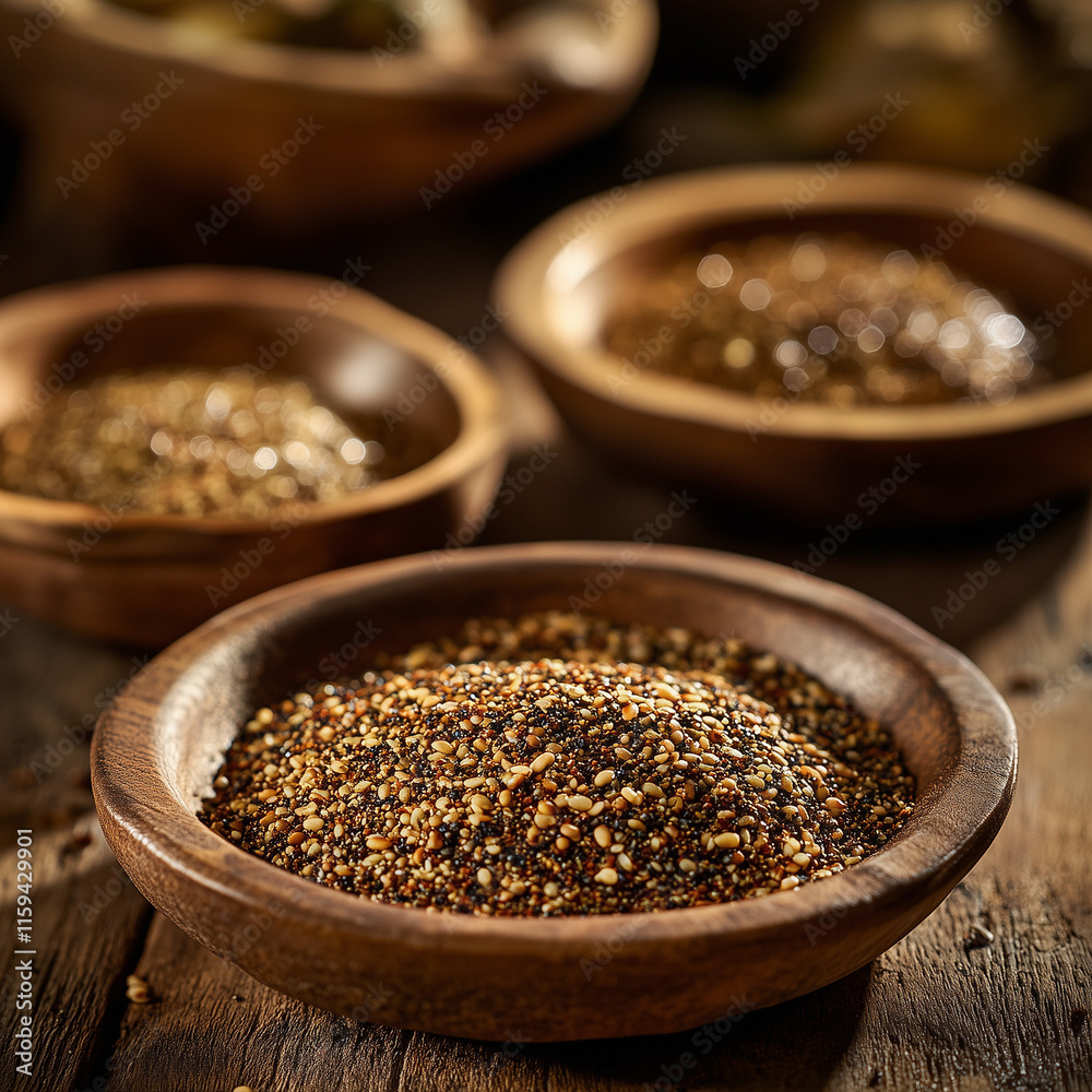 Close-up of masala mix in a mortar with pestle, rich earthy tones, natural light Close-up of masala mix in a mortar with pestle, rich earthy tones, natural light
