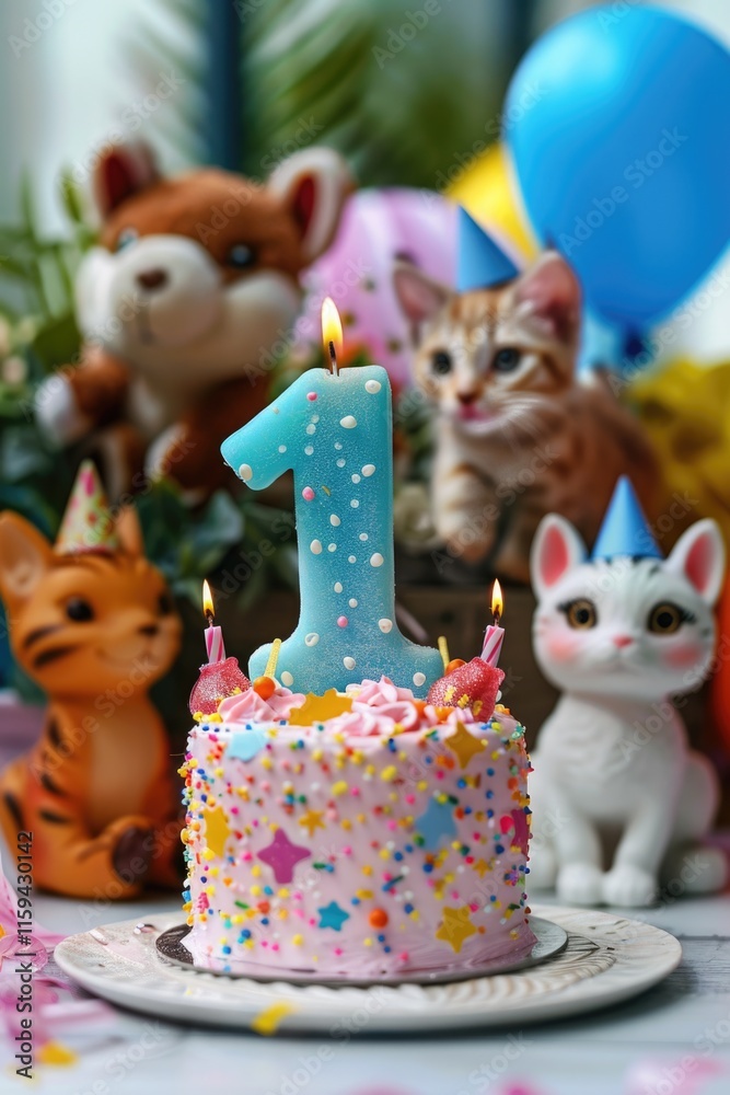 Cake with decorative cat figurines, signifying a first birthday celebration.