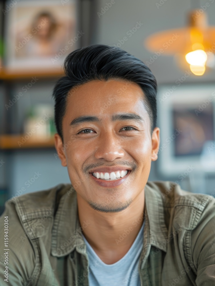 Obraz premium Candid portrait of a cheerful man with short hair and facial stubble.