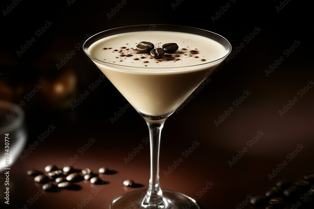 Artistic shot of espresso martini in a crystal glass, frothy top with coffee beans, warm ambient bar light Artistic shot of espresso martini in a crystal glass, frothy top with coffee beans, warm ambient bar light