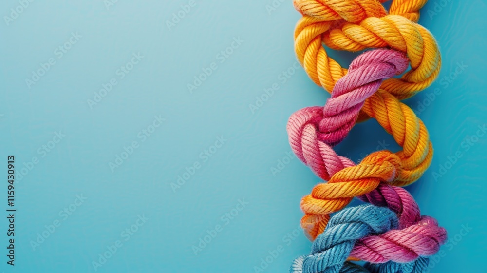 Close-up of crochet thread in vibrant colors against a blue background. Creative textile art. Close-up of crochet thread in vibrant colors against a blue background. Creative textile art.