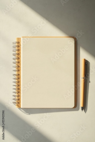 Blank notebook with minimalist design, illuminated by soft sunli