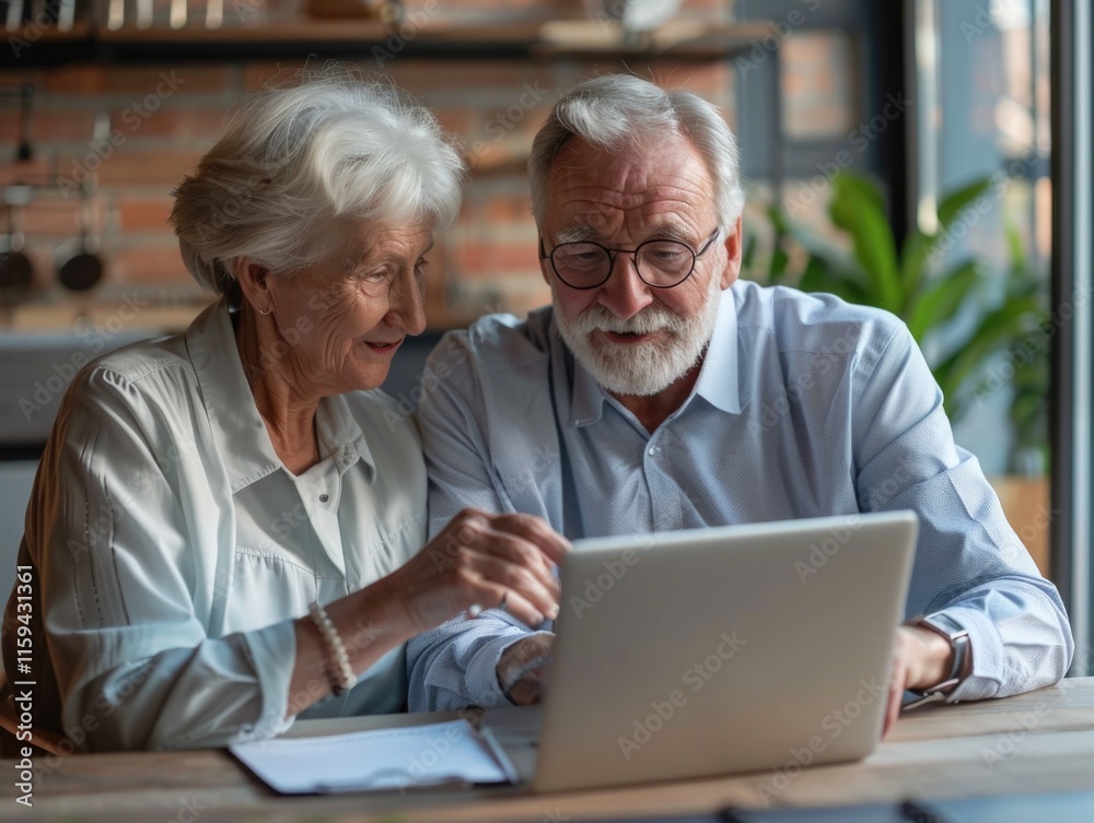 Old couple working on laptop, sharing screen, and possibly receiving help or guidance for a task on the computer. Old couple working on laptop, sharing screen, and possibly receiving help or guidance for a task on the computer.