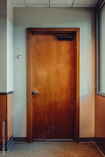 Interior of a door in a building with wooden panels, closed and secured.