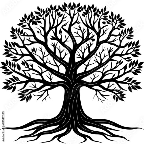 Detailed Black and White Tree with Expansive Roots and Branches