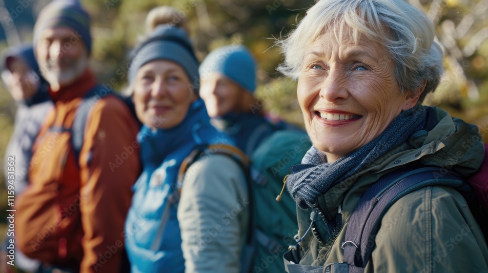 Fototapeta premium A group of hikers taking a break on the summit of a mountain, with an older woman leading the way. They are equipped for cold weather and have climbed to enjoy nature and adventure.