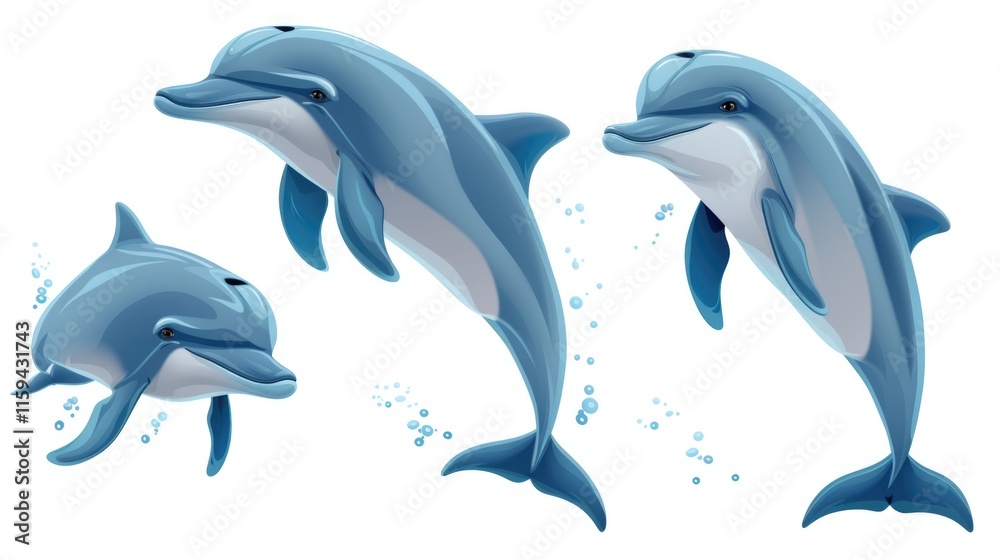 Obraz premium A family of three blue cartoon dolphins swimming in the ocean, depicting marine life and a beautiful scene of aquatic creatures.
