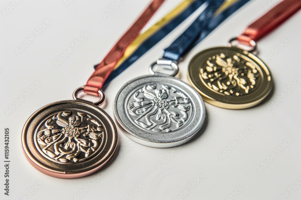 A collection of three medals from the Olympics: gold, silver, and bronze. A collection of three medals from the Olympics: gold, silver, and bronze.